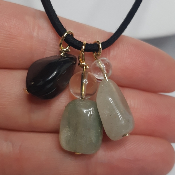 Genuine Onyx, Clear Quartz, Green Agate Wire Wrap Necklace - Picture 1 of 6